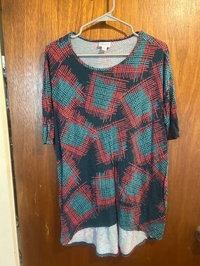 LuLaRoe Tunic in Teal & Red Abstract Grid Print